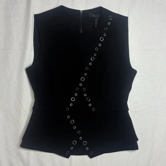 BCBGMaxAzria Stelloun Grommet Sleeveless Peplum Tank Top Black Silver Women NWT - Picture 4 of 5
